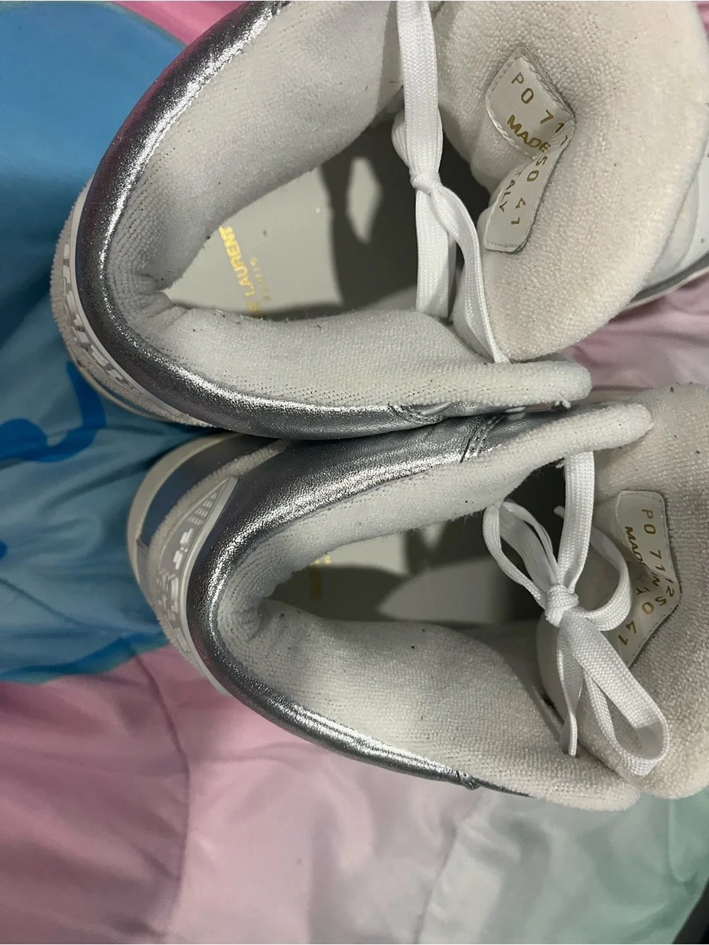Saint Laurent SL/80 White and Metallic Silver High-Top Sneakers Size 8M 9.5W